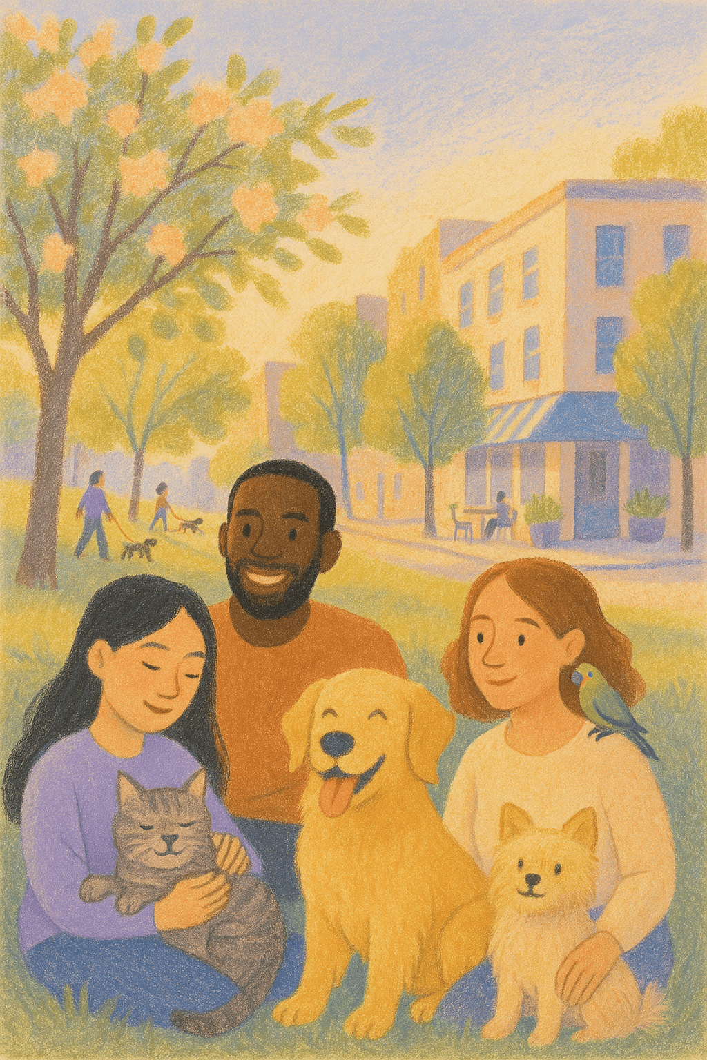 Pet owners relaxing together in a sunlit city park with a golden retriever, a cat and a parrot, a café and people walking dogs in the background