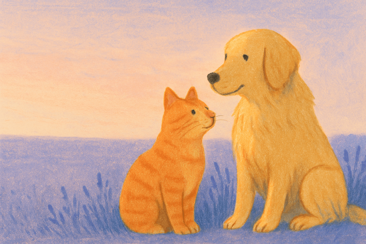A golden retriever and a ginger cat sitting together in a lavender field at dusk