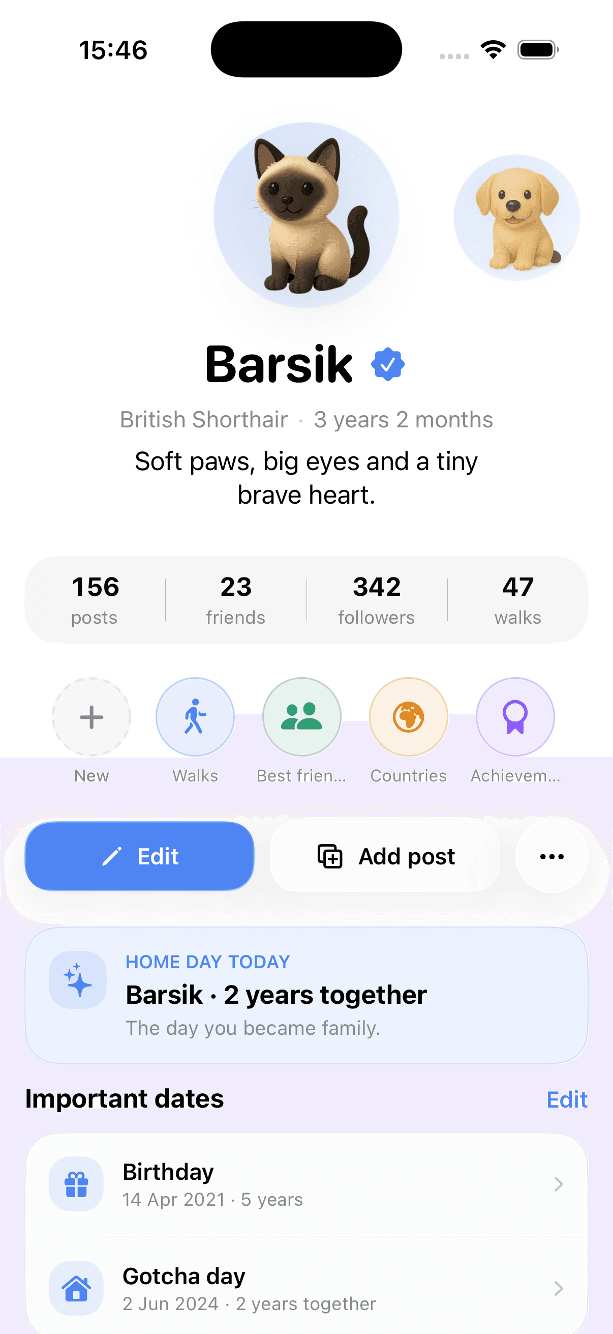 Kaya iOS pet profile for Barsik showing profile stats, owner actions and important dates